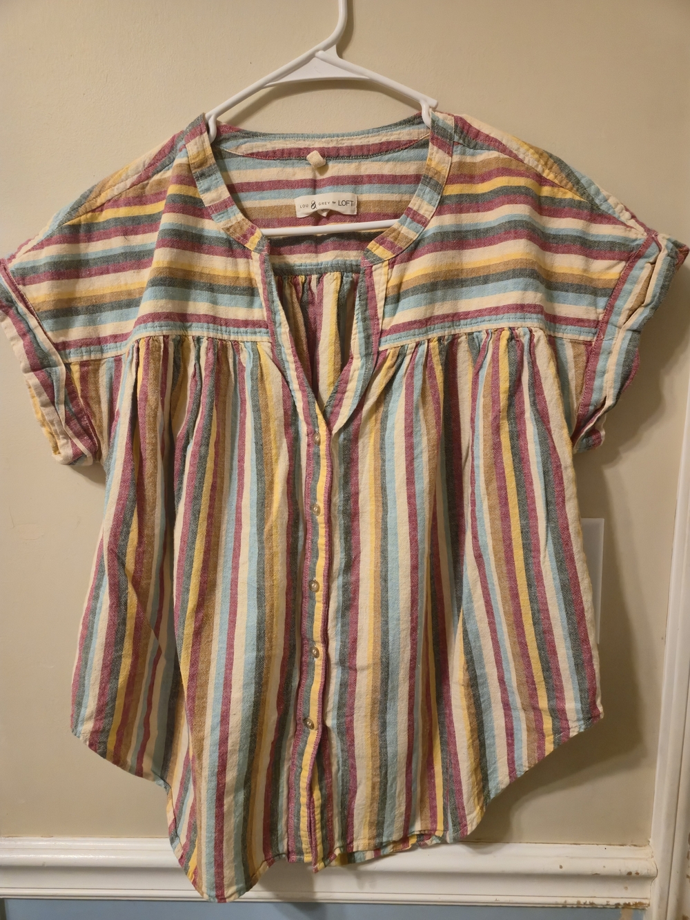 LOFT Multicolor Vertical Stripe Short Sleeve Button-Front Top